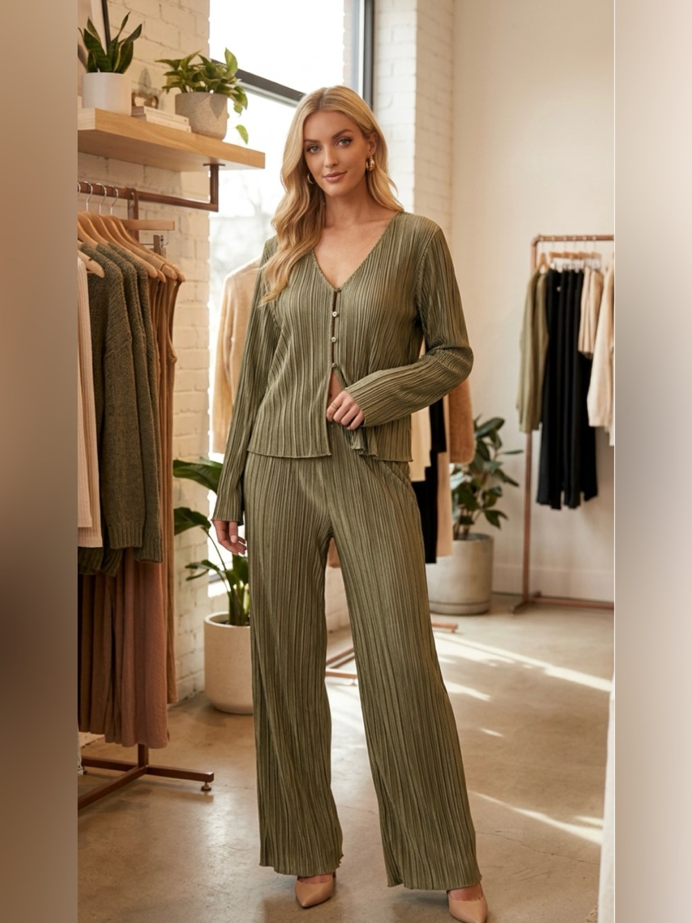 Like New ~ Fashion Nova Olive Ribbed Wide-Leg Pants Set ~ Size XL